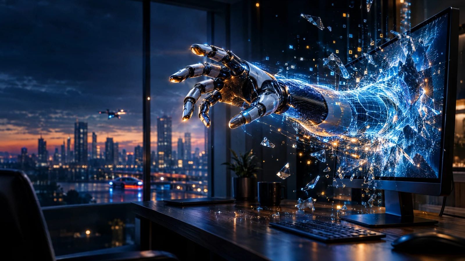 A chrome robotic hand reaches out of a shattering computer monitor into a dark office overlooking a city skyline at dusk, with a drone and a car in the distance