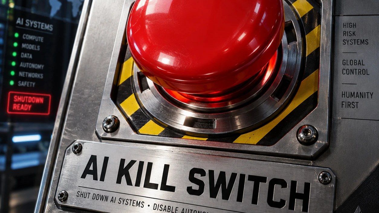 A large red emergency stop button under a clear hinged cover on a steel panel marked AI Kill Switch, with a status display reading Shutdown Ready in the background
