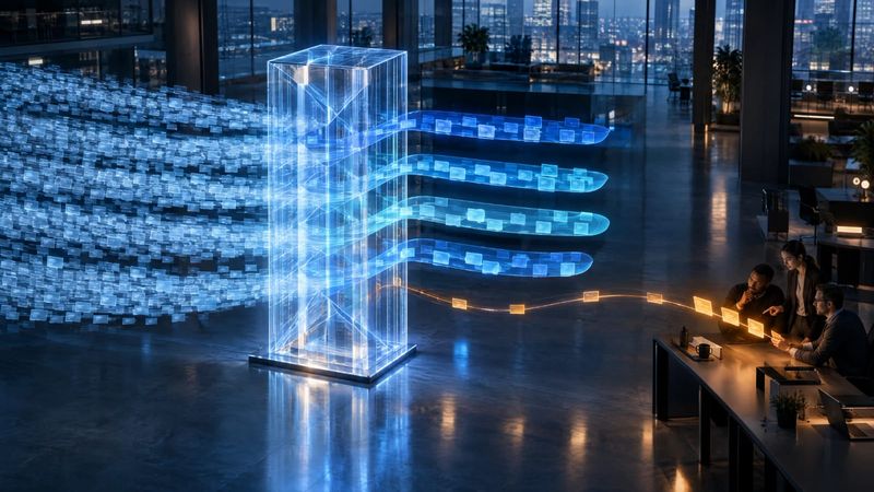 A glass tower in a dark office sorts a stream of glowing message cards into four blue channels, while one amber channel carries a few cards to three people at a desk