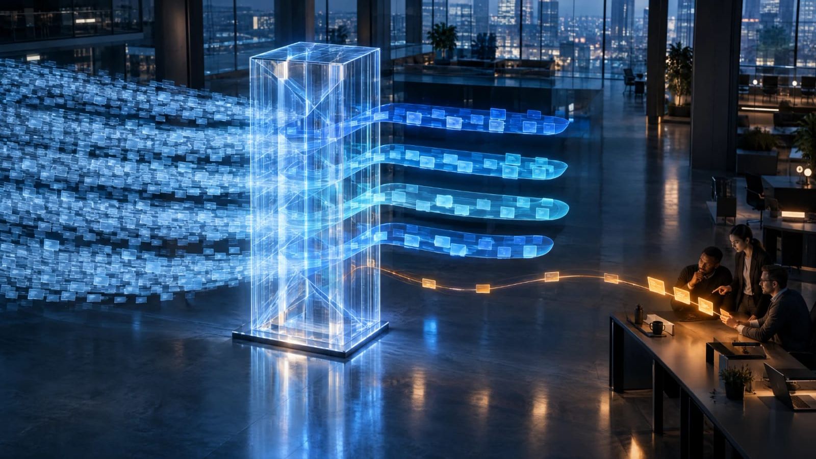 A glass tower in a dark office sorts a stream of glowing message cards into four blue channels, while one amber channel carries a few cards to three people at a desk