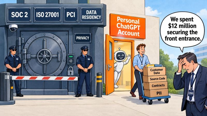 Cartoon of a vault-door entrance with compliance plaques beside an open orange door marked Personal ChatGPT Account, where an employee wheels a cart of customer data past a dismayed CISO
