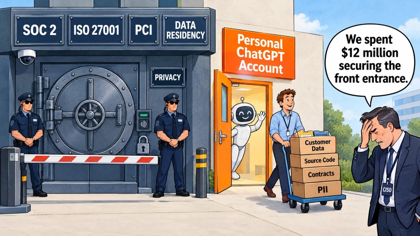 Cartoon of a vault-door entrance with compliance plaques beside an open orange door marked Personal ChatGPT Account, where an employee wheels a cart of customer data past a dismayed CISO