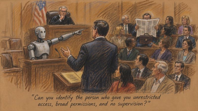 Courtroom sketch: a robot in the witness box points at a suited executive hiding behind a newspaper in the back row, as an attorney asks who gave it unrestricted access and no supervision