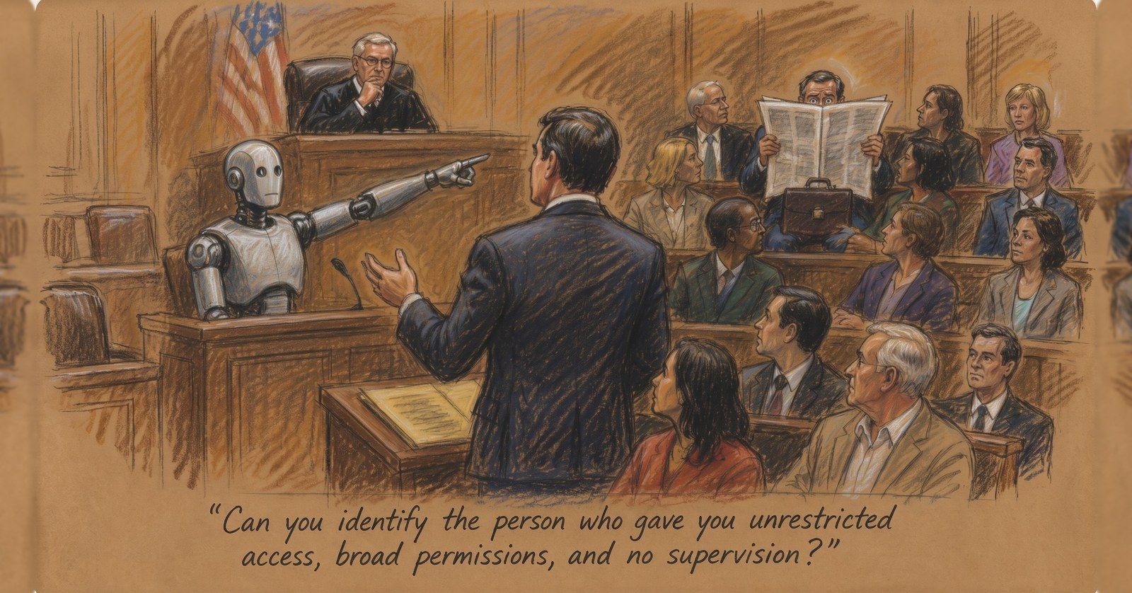 Courtroom sketch: a robot in the witness box points at a suited executive hiding behind a newspaper in the back row, as an attorney asks who gave it unrestricted access and no supervision