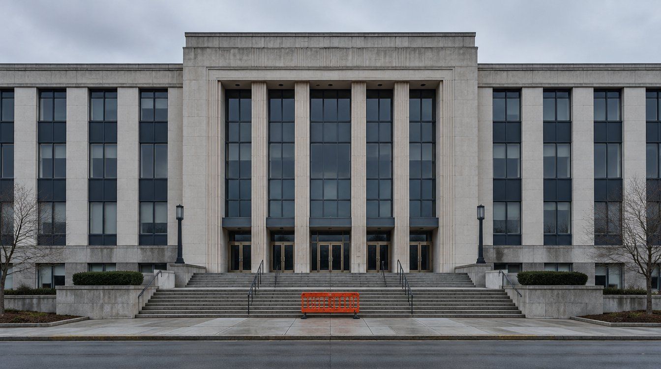 Straight-on view of a mid-century city hall facade at dawn, rows of blank windows, a single safety orange construction barrier at the base of the steps
