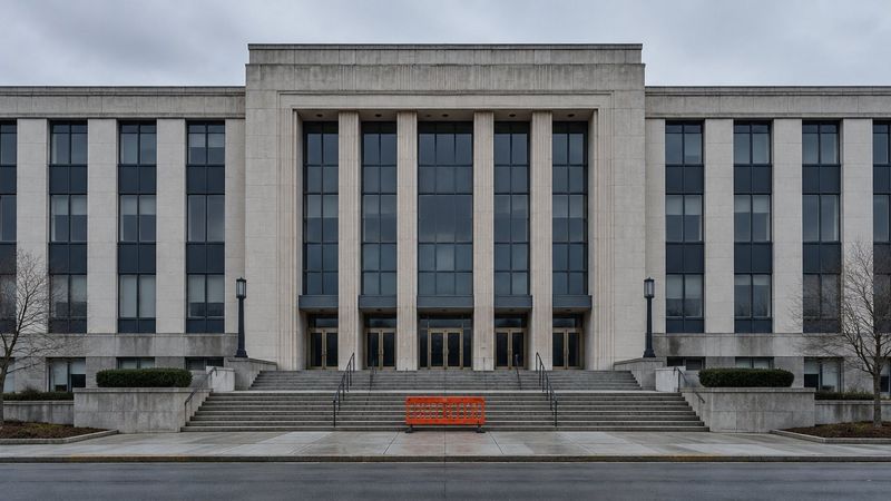 Straight-on view of a mid-century city hall facade at dawn, rows of blank windows, a single safety orange construction barrier at the base of the steps