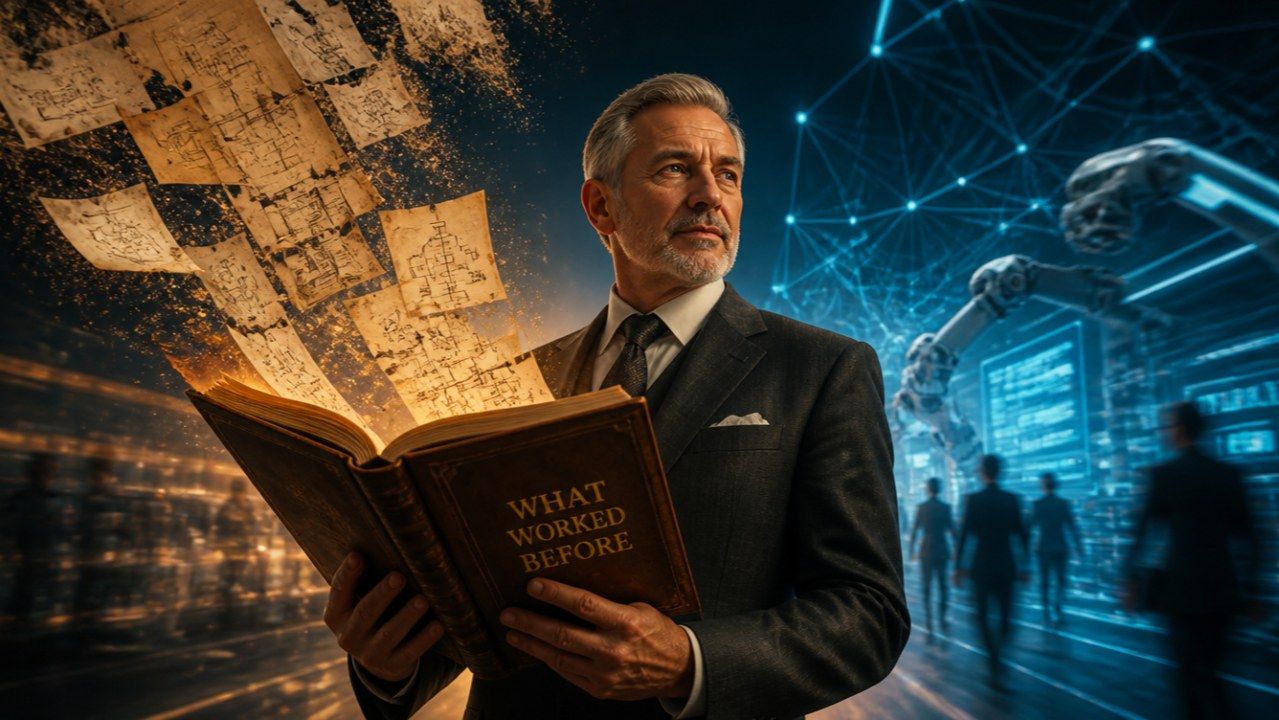 A silver-haired executive in a dark suit holds an open book titled What Worked Before as its pages scatter behind him, with a glowing network and a robotic arm in the background