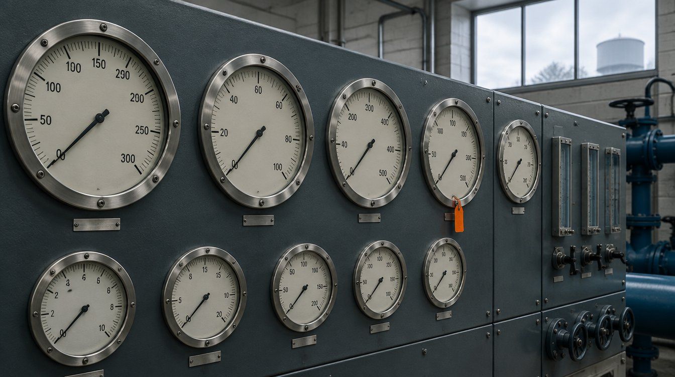 A wall of analog utility meters and gauges in a municipal water plant control room, needles at rest, one small safety orange tag on a single dial