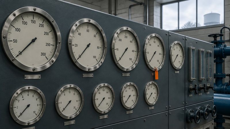 A wall of analog utility meters and gauges in a municipal water plant control room, needles at rest, one small safety orange tag on a single dial