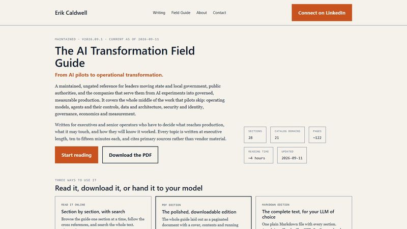 The AI Transformation Field Guide hub page on erikcaldwell.com, showing the title, the three ways to use the guide, and the start of the section cards