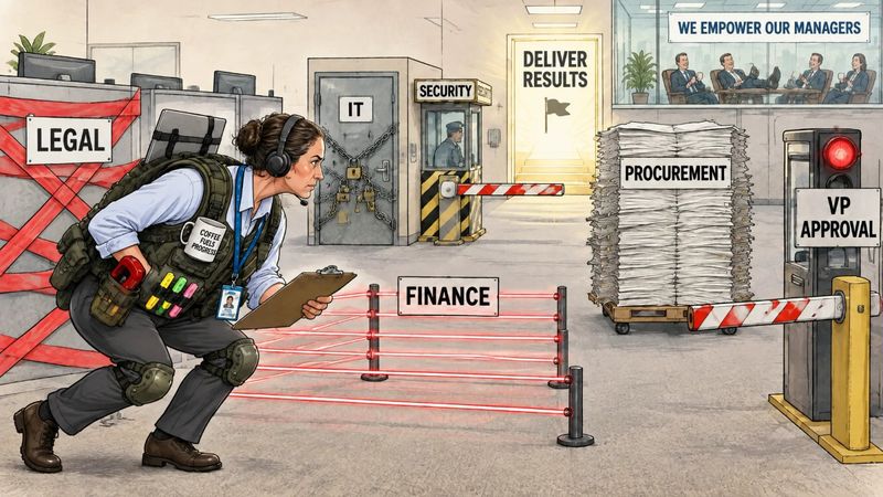 Cartoon of a manager in tactical gear sneaking past office barriers labeled Legal, IT, Security, Finance, Procurement and VP Approval toward a door marked Deliver Results